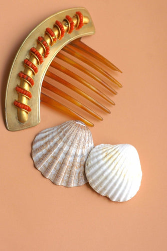Peigne à cheveux diadème en métal doré et perles de corail 58 Facettes