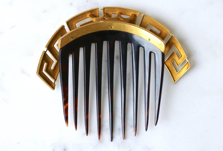 Peigne de cheveux méandre grec en or jaune 18k et écaille 58 Facettes
