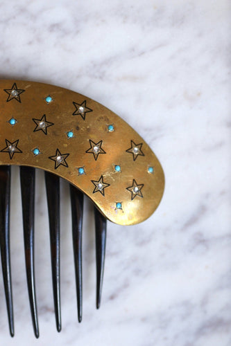 Peigne diadème étoile en corne, métal doré et turquoise 58 Facettes