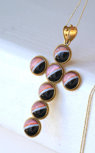 Pendentif Pendentif croix cabochons d’agates en or jaune 14kt 58 Facettes