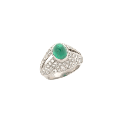Bague 52 Art déco - Bague en platine avec émeraude cabochon et diamants 58 Facettes 22774