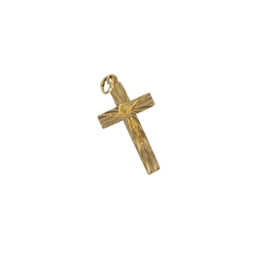 Croix vintage angulaire en or jaune 14 carats avec gravure de Jésus 58 Facettes 3229-30