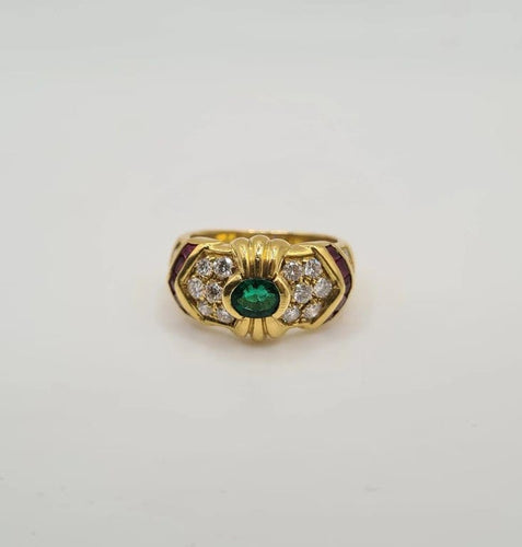 Bague 50 Bague or jaune sertie d’émeraude, diamants et rubis 58 Facettes