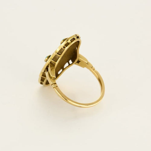 Bague 58.5 Bague en or jaune à motif de fleur stylisée, émail et turquoises 58 Facettes PRG2092