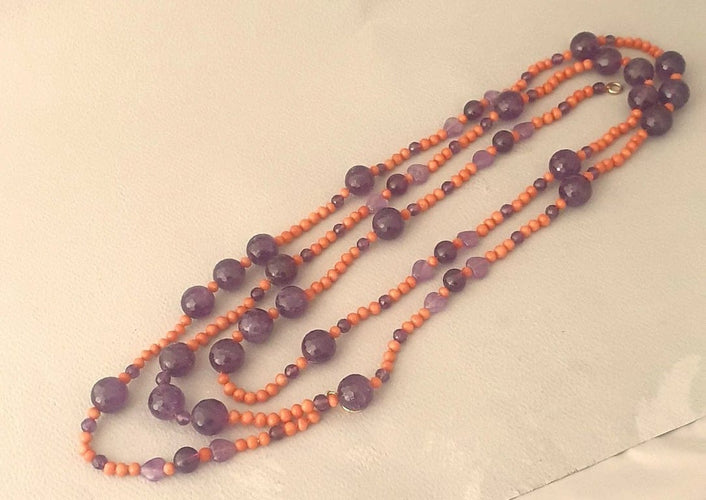 Collier Grand collier sautoir corail ancien méditerranéen et perles d'améthyste 58 Facettes