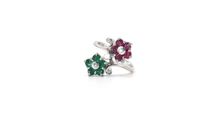 Bague 53 Bague fleurs or blanc rubis émeraudes 58 Facettes 5196