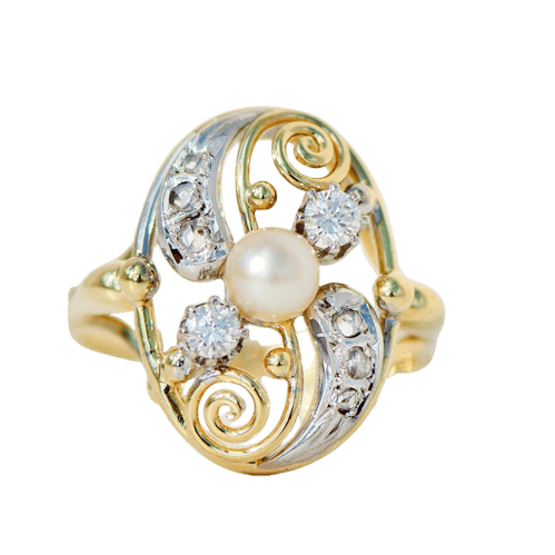 Bague 58 Bague Art nouveau en or jaune et blanc 585 avec perle et diamants 58 Facettes