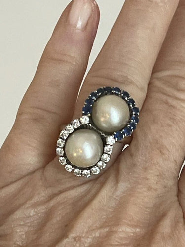 Bague 52 Bague Toi & Moi Or Gris Platine Perles Saphirs Diamants 58 Facettes 5422