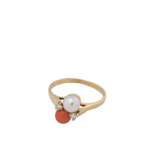Bague 54 Bague Toi et Moi en or jaune 18 carats avec diamants, perle et corail 58 Facettes 25163