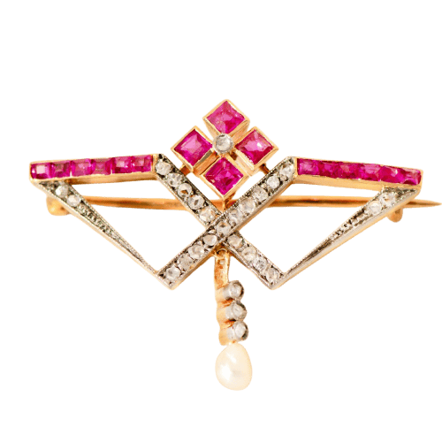 Montre Brosche antique en or jaune 750 avec rubis, diamants taille rose et perle 58 Facettes