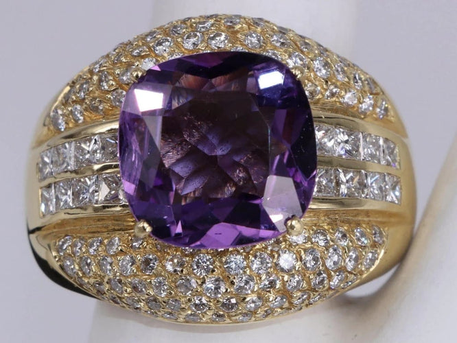 Bague Bague Vintage Coussin améthyste et diamants mixtes en or jaune 58 Facettes BA-1319
