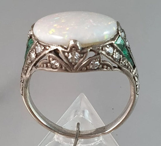 Bague 55 Bague Art Déco Argent Opale Emeraudes Diamants 58 Facettes