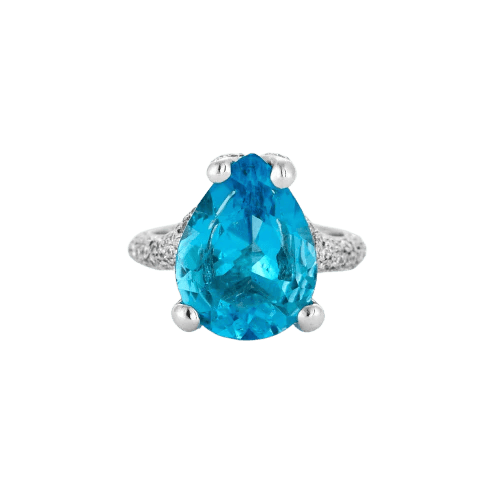 Bague 52 Bague taille poire en or gris 18k, topaze bleue et diamants 58 Facettes LJ12