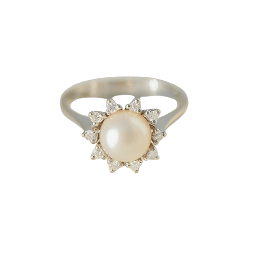Bague 54 Bague vintage en or blanc 14 carats avec perle Mabe et diamants 58 Facettes