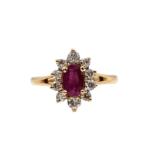 Bague 51.5 Bague marguerite rubis et diamants en or jaune 18 carats 58 Facettes 717