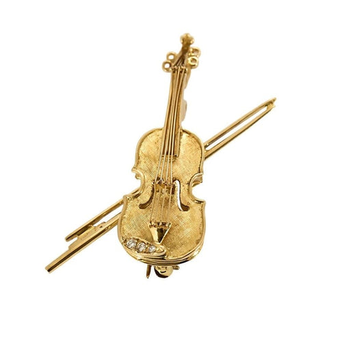Broche Broche motif violon guilloché en or jaune 18k et trois diamants 58 Facettes PL09