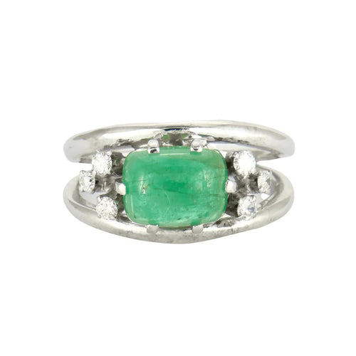Bague 59 Bague cabochon en or gris 14k avec émeraude et diamants 58 Facettes ALGU07