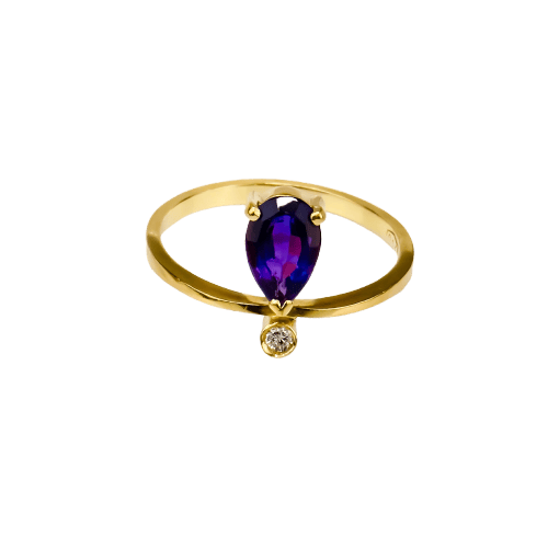 Bague 56 Bague améthyste taille poire en or 18 carats avec diamant brillant 58 Facettes 2627