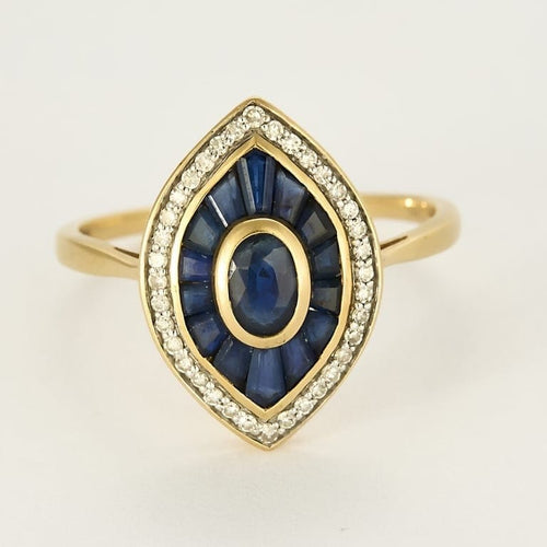 Bague 62 Bague navette en or jaune, diamants et saphirs calibrés 58 Facettes 58FC116