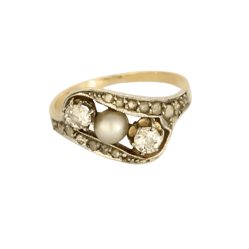 Bague 52 Bague motif ajouré en or jaune 18k, platine, diamants et perle grise 58 Facettes DADB-01