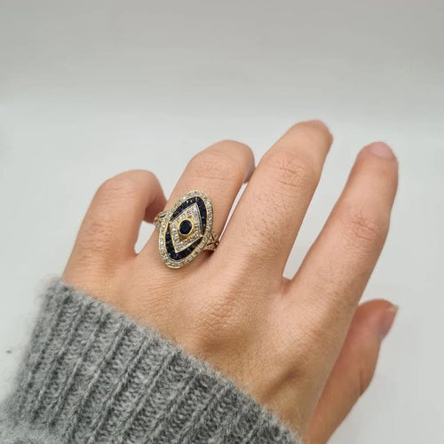 Bague 54 Bague art déco or jaune 18 carats sertie de saphirs ovales et diamants 58 Facettes