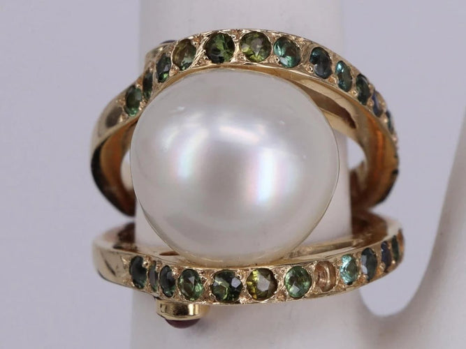 Bague Bague Saphirs verts & Perle en or jaune 58 Facettes BA-1335