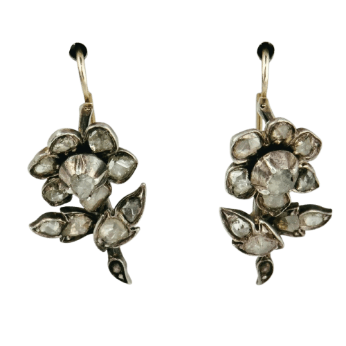 Boucles d'oreilles Boucles d’oreilles pendantes géorgiennes - Motif floral en or 14 carats et diamants taille rose 58 Facettes 180
