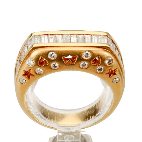 Bague 55 Bague en or jaune 750 avec diamants baguette et brillants 58 Facettes 2668