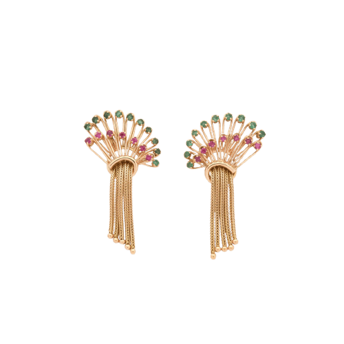Boucles d'oreilles Boucles d’oreilles rétro - Éventails en or jaune 18K avec rubis et émeraudes 58 Facettes 22822