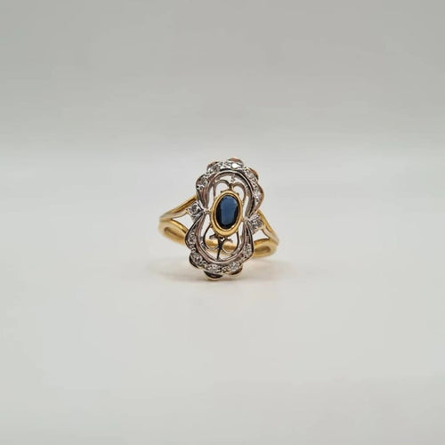 Bague 56 Bague art déco or jaune 18 carats sertie d’un saphir ovale et diamants 58 Facettes