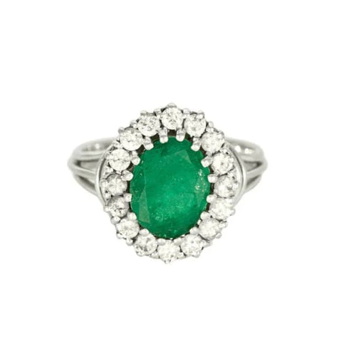 Bague 53 Bague Pompadour Emeraude Entourage Diamants Or Blanc 58 Facettes GU103