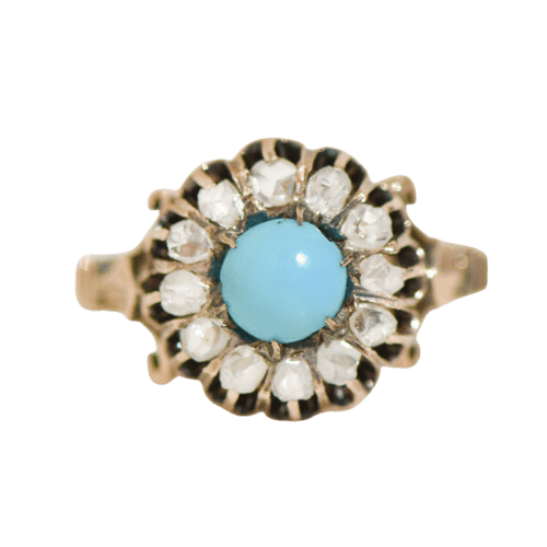 Bague 55 Bague antique - Biedermeier en or jaune 14K avec turquoises et diamants 58 Facettes 3230-7
