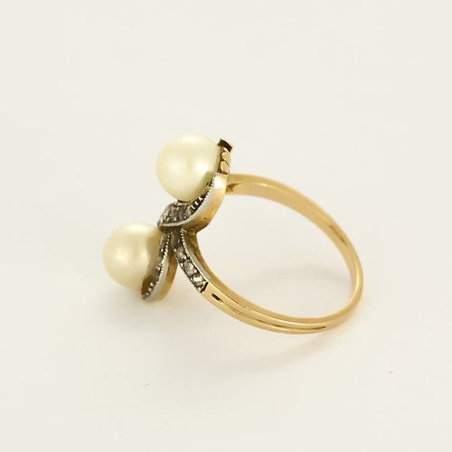 Bague 53.5 Bague Toi et Moi en or jaune et argent, perles et diamants taillés en rose 58 Facettes MON0919