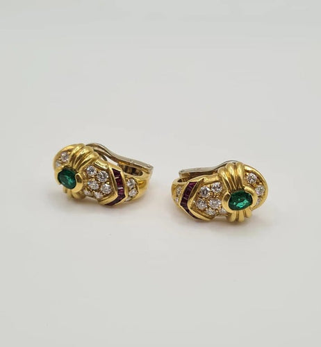 Boucles d'oreilles Boucles d’oreilles or jaune serties de diamants, émeraudes et rubis 58 Facettes