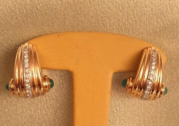 Boucles d'oreilles CLIPS OR JAUNE - 1 LIGNE DE DIAMANTS et 2 CABOCHONS d'EMERAUDES 58 Facettes R 1631 Maee