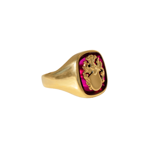 Bague 55.5 Bague chevalière vintage - Wappenring en or jaune 18 carats et rubis synthétique 58 Facettes