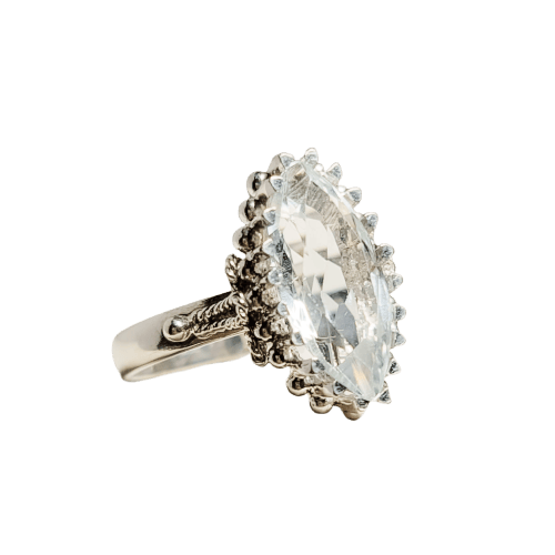Bague 52.5 Bague antique en or blanc 18 carats avec aigue-marine marquise 58 Facettes 2961