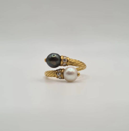 Bague 51 Bague Toi et moi or jaune sertie de diamants et perles de culture et Tahiti 58 Facettes