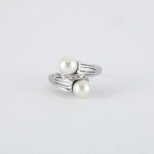 Bague 54 Bague Toi et Moi en or gris 18k, perles de culture et diamants 58 Facettes ALGU20