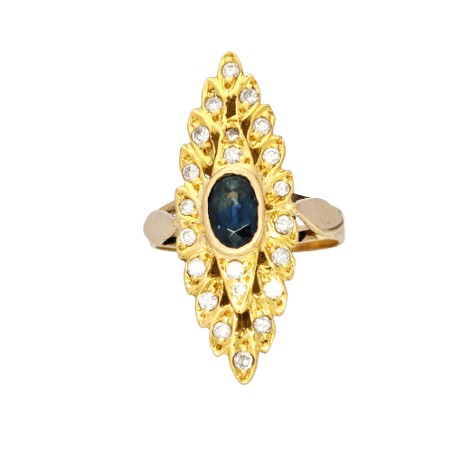 Bague 53 Bague marquise en or jaune 18 carats, saphir et diamants 58 Facettes 5611