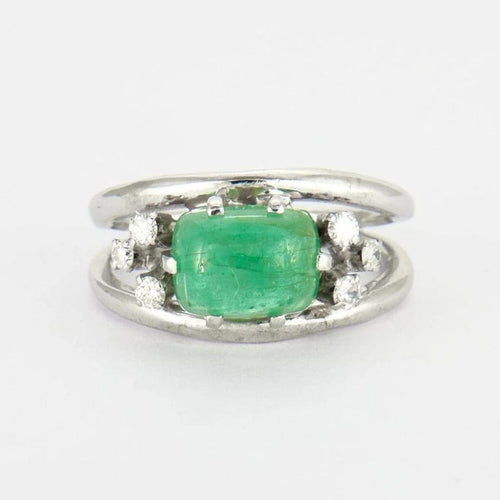 Bague 59 Bague cabochon en or gris 14k avec émeraude et diamants 58 Facettes ALGU07