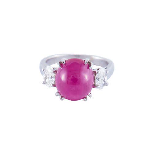 Bague 51 Bague - Rubis cabochon et deux diamants en or gris 18k 58 Facettes ALGU03