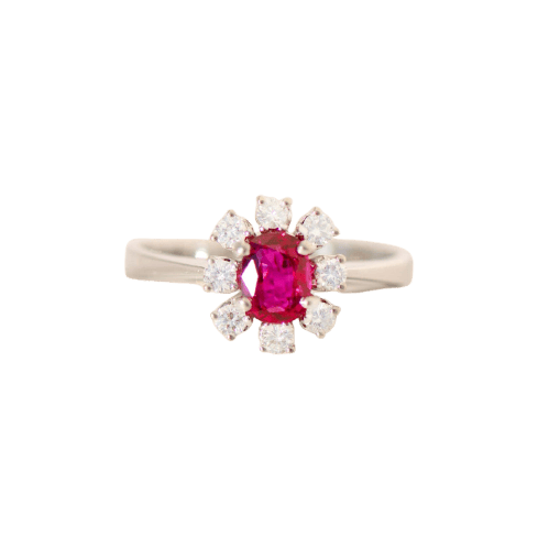 Bague 56 Bague vintage - Halo rubis et diamants en or blanc 18 carats 58 Facettes
