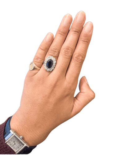 Bague 49 Bague Marguerite Art déco en or blanc 18 carats saphir et diamants 58 Facettes