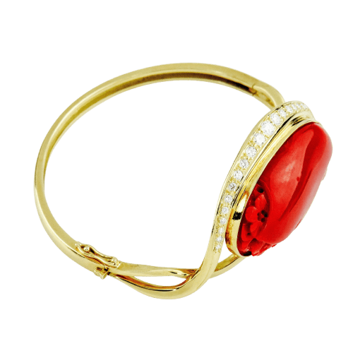 Bracelet Armband jonc en or jaune 750 avec corail gravé et diamants 58 Facettes 1852