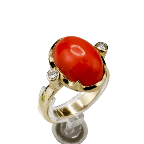 Bague 59 Bague en or 585 avec corail et diamants taille brillant 0,20 ct 58 Facettes 2659