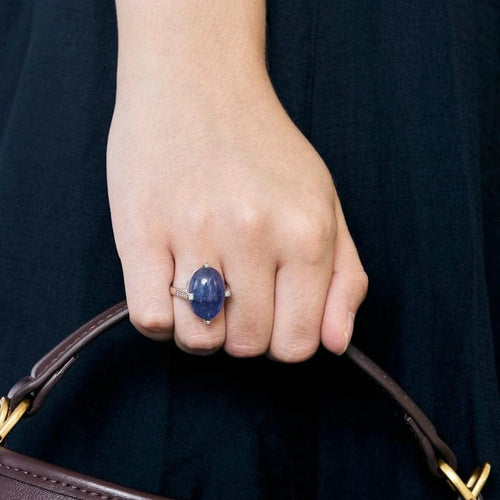 Bague 55 Bague cabochon tanzanite en or blanc 18k et diamants 58 Facettes PL03