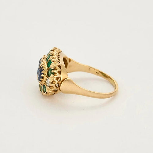 Bague 54.5 Bague or jaune, saphir, diamants et émeraudes 58 Facettes GU282