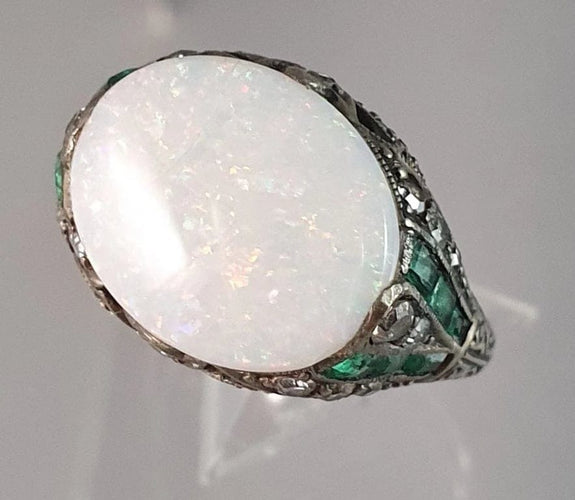 Bague 55 Bague Art Déco Argent Opale Emeraudes Diamants 58 Facettes