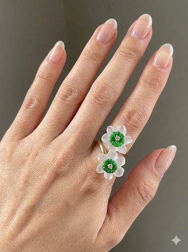 Bague 55 Bague fleur en or jaune avec cristal de roche, jade et diamant 58 Facettes
